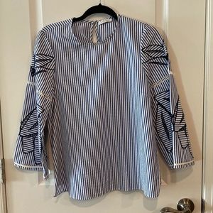 Blue Striped Blouse with Lace-Up Sleeves